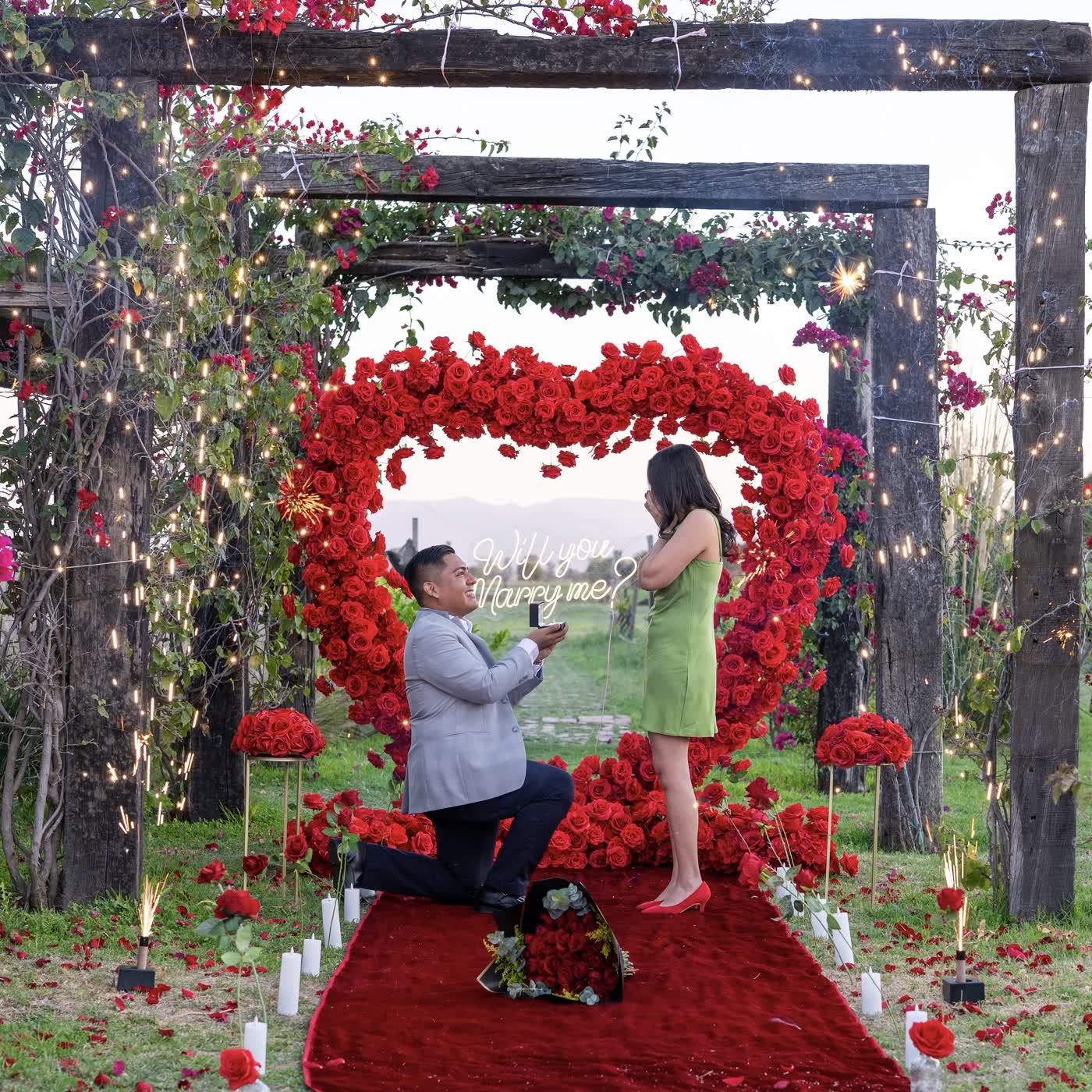 Propuesta de matrimonio Will You Marry Me con corazón de rosas rojas en viñedo
